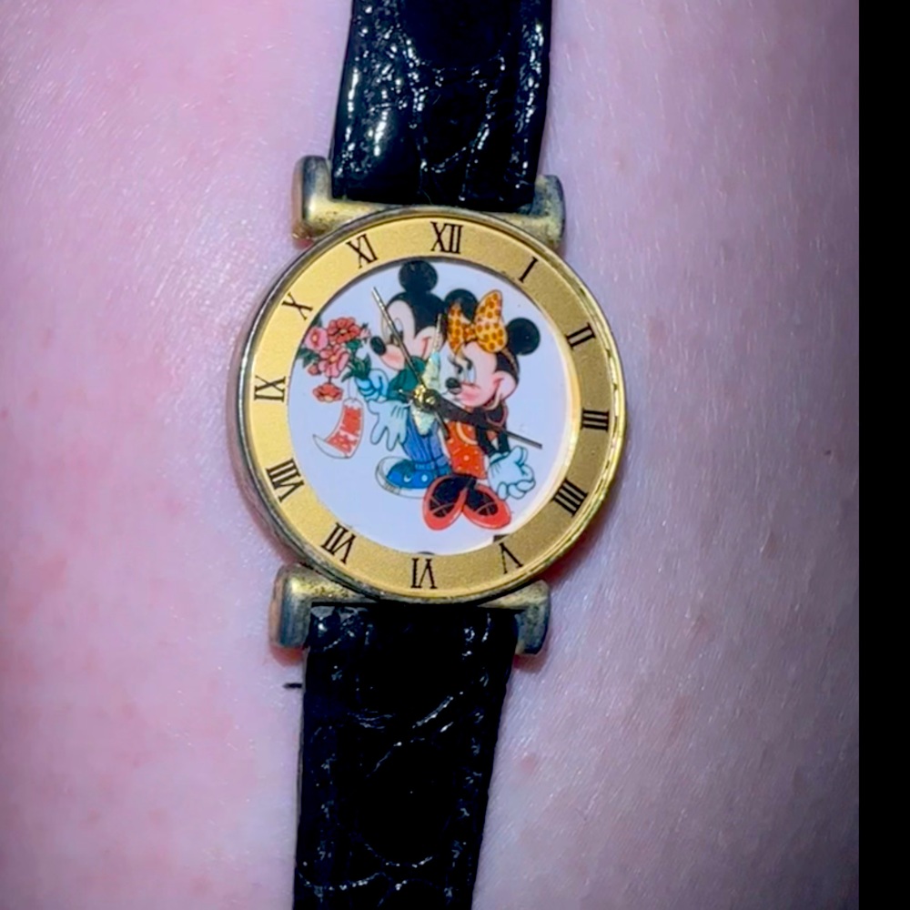 Vintage Mickey & Mini Mouse Black Genuine Leather Watch